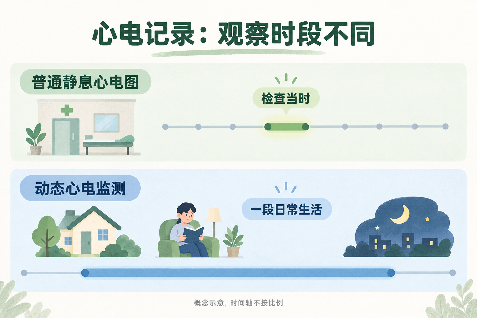 普通静息心电图与动态监测的观察时段示意